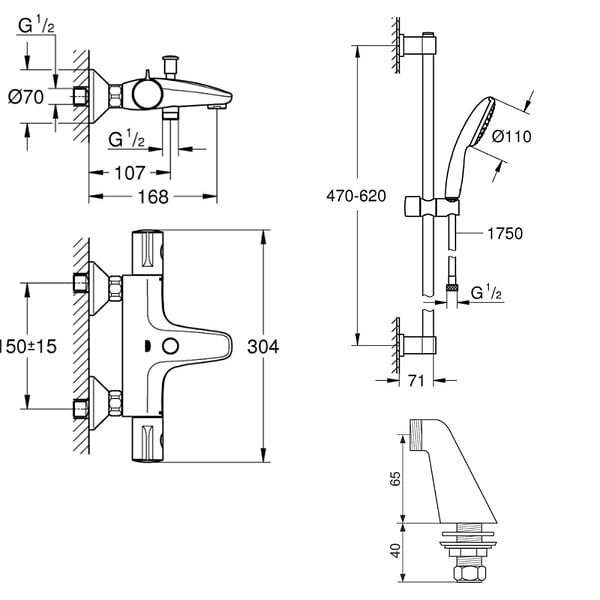 GROHE - Robinet bain thermostatique Grohtherm 800 avec ensemble de douche 2 jets et colonnettes - large