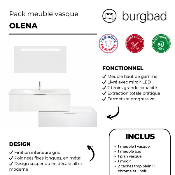BURGBAD - Meuble salle de bain vasque BURGBAD Olena en décalé blanc brillant 120 cm + miroir - large