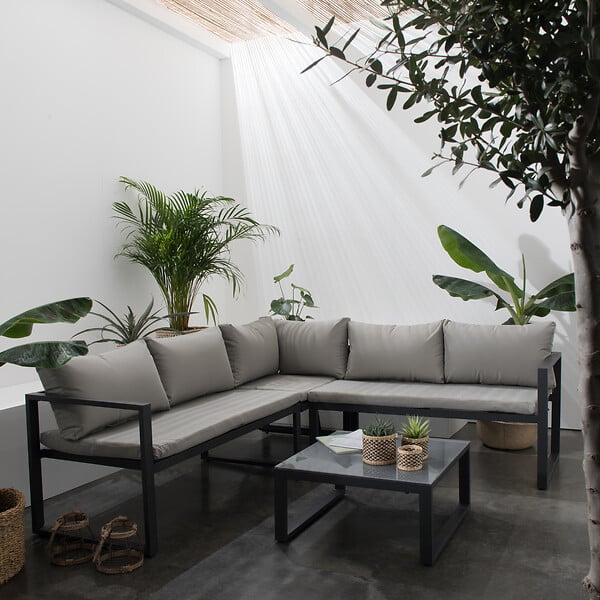 HAPPY GARDEN - Salon de jardin modulable IBIZA en tissu gris 4 places - aluminium anthracite - large