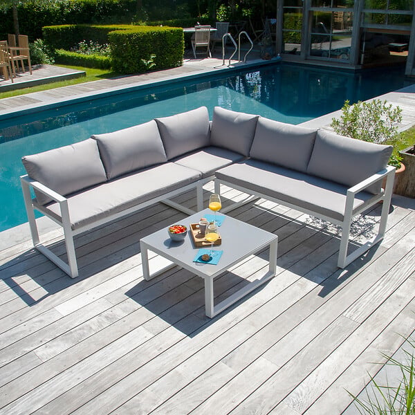 HAPPY GARDEN - Salon de jardin modulable IBIZA en tissu gris 4 places - aluminium blanc - large