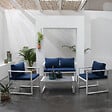 HAPPY GARDEN - Salon de jardin IBIZA en tissu bleu 4 places - aluminium blanc - vignette