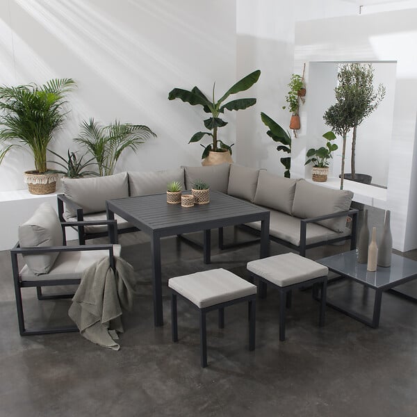 HAPPY GARDEN - Salon de jardin modulable IBIZA en tissu gris 7 places - aluminium anthracite - large
