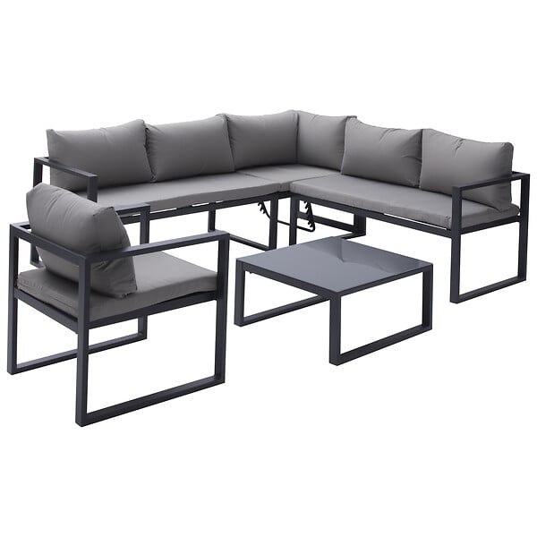 HAPPY GARDEN - Salon de jardin modulable IBIZA en tissu gris 7 places - aluminium anthracite - large