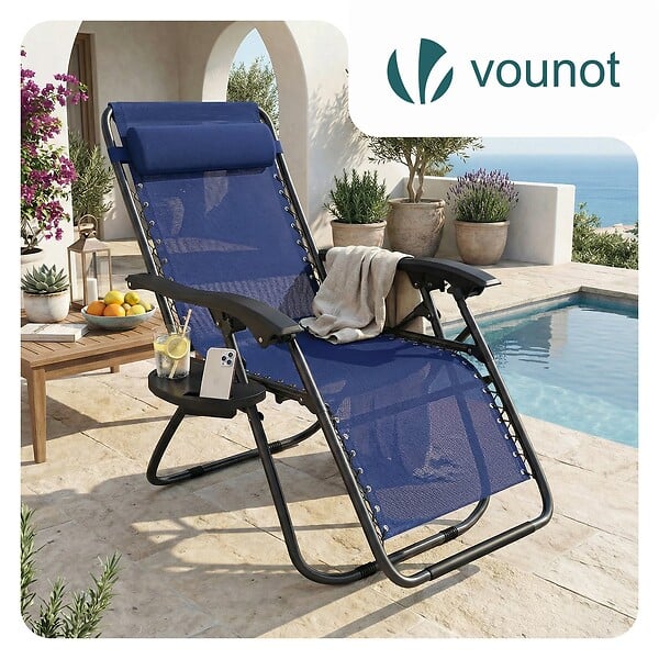 VOUNOT - Chaise longue inclinable en textilene avec porte gobelet et portable bleue Lot de 2 Pcs - large