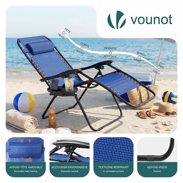 VOUNOT - Chaise longue inclinable en textilene avec porte gobelet et portable bleue Lot de 2 Pcs - large