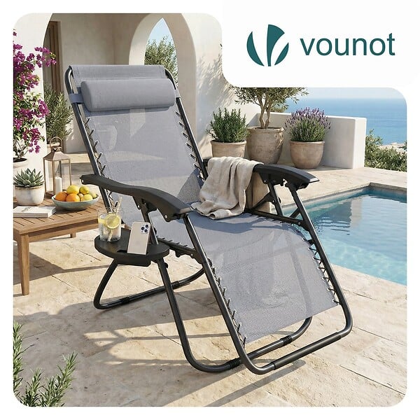 VOUNOT - Chaise longue inclinable en textilene avec porte gobelet et portable gris - large