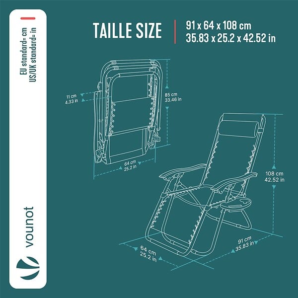 VOUNOT - Chaise longue inclinable en textilene avec porte gobelet et portable gris - large