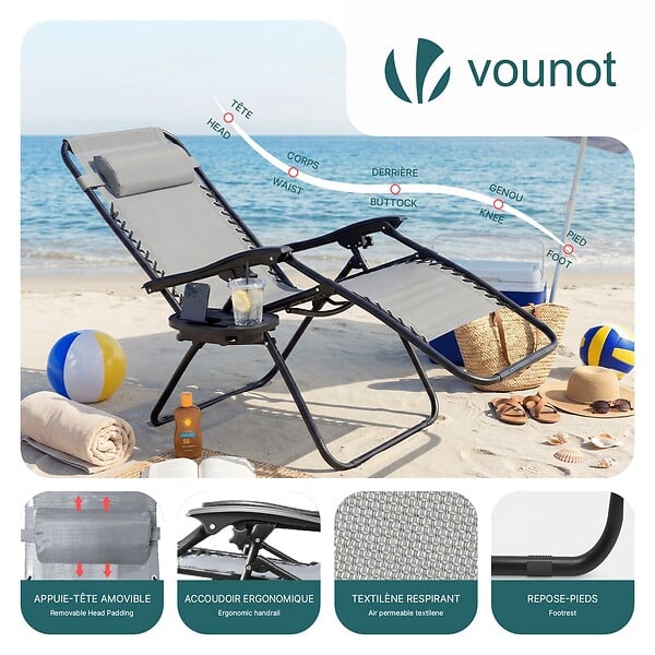 VOUNOT - Chaise longue inclinable en textilene avec porte gobelet et portable gris - large