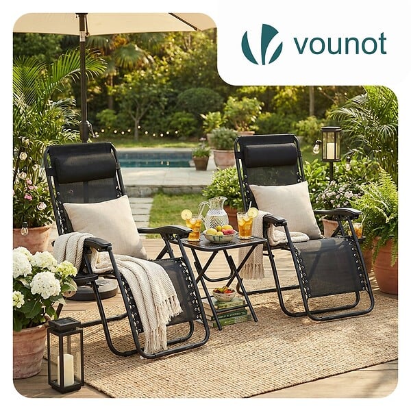 VOUNOT - Lot de 2 Chaise longue inclinable en textilene avec table d'appoint porte gobelet et portable noir - large