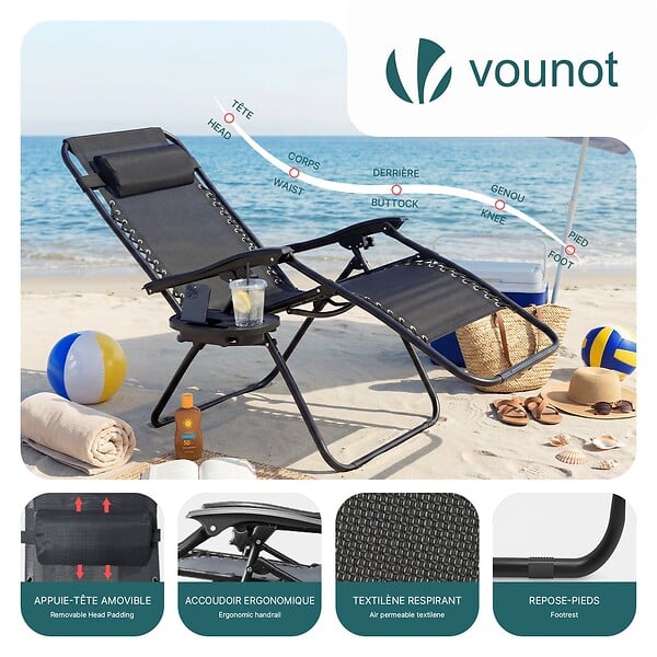 VOUNOT - Lot de 2 Chaise longue inclinable en textilene avec table d'appoint porte gobelet et portable noir - large