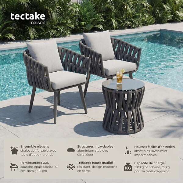 TECTAKE - Ensemble salon de jardin 2 places table chaises rope gris anthracite coussins déperlants aluminium verre mobilier extérieur terrasse - large