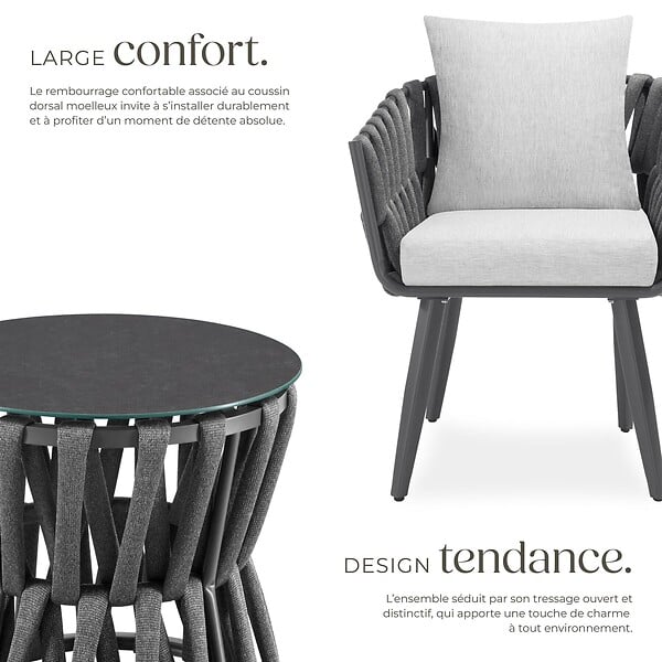 TECTAKE - Ensemble salon de jardin 2 places table chaises rope gris anthracite coussins déperlants aluminium verre mobilier extérieur terrasse - large