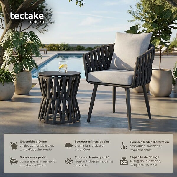TECTAKE - Ensemble salon de jardin Lugano anthracite table chaise aluminium résine tressée coussins épais mobilier terrasse extérieur design cordé - large