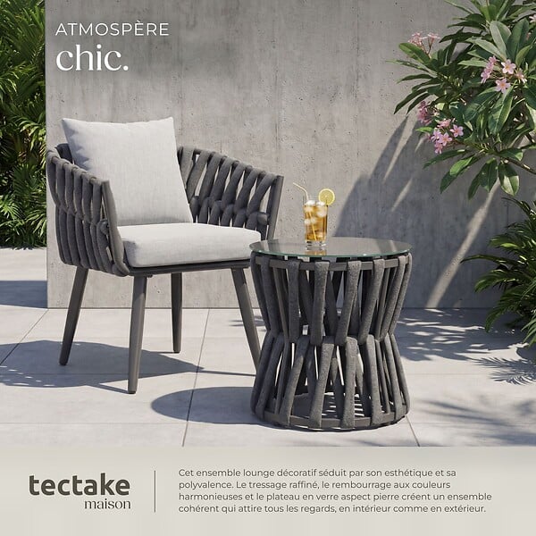TECTAKE - Ensemble salon de jardin Lugano anthracite table chaise aluminium résine tressée coussins épais mobilier terrasse extérieur design cordé - large