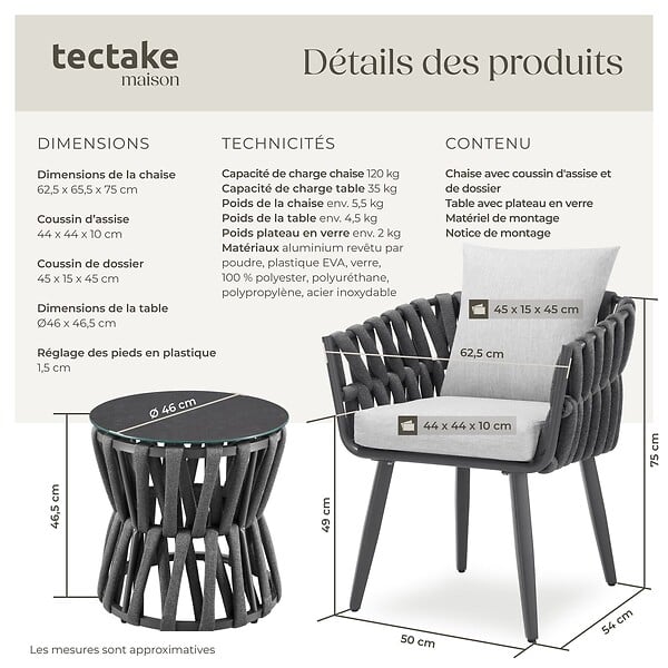 TECTAKE - Ensemble salon de jardin Lugano anthracite table chaise aluminium résine tressée coussins épais mobilier terrasse extérieur design cordé - large