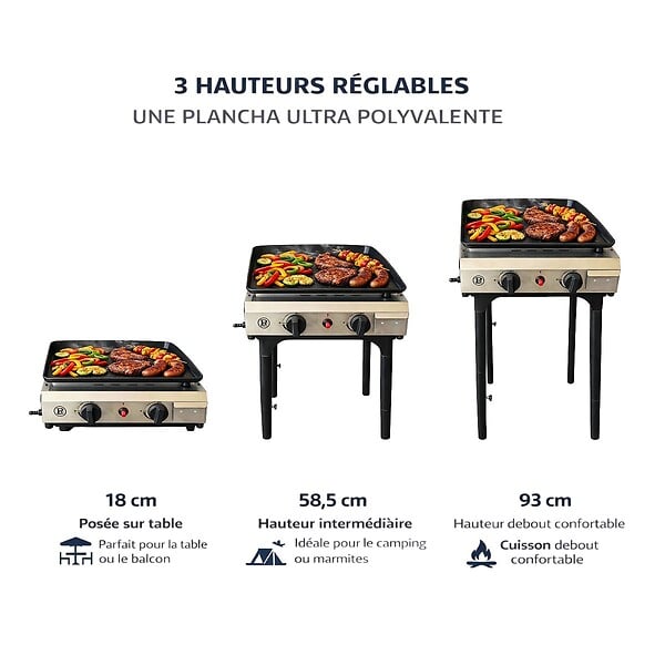 INTEC - Plancha à gaz 4800W modulable 3 Hauteurs 2 Bruleurs Allumage Piezo - Plaque de cuisson Céramique 42x36cm INTEC - large