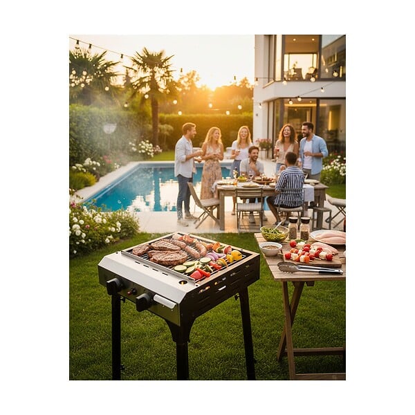 INTEC - Plancha à gaz 4800W modulable 3 Hauteurs 2 Bruleurs Allumage Piezo - Plaque de cuisson Céramique 42x36cm INTEC - large
