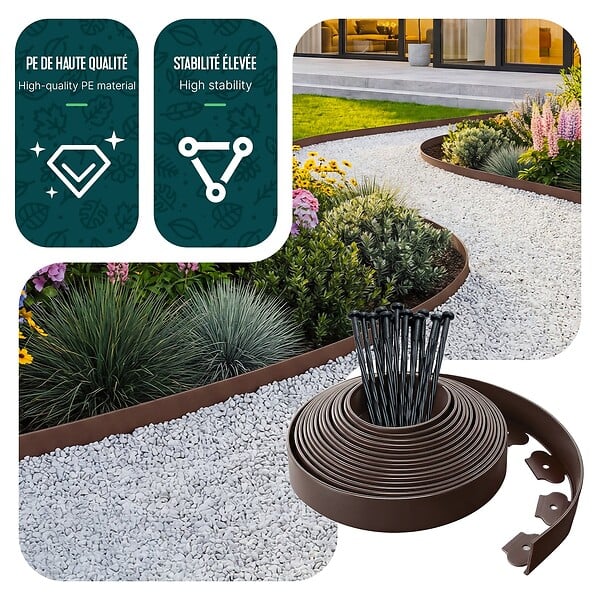 VOUNOT - Bordure de jardin plastique flexible 10m avec piquets Marron - large