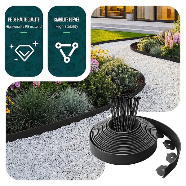 VOUNOT - Bordure de jardin plastique flexible 10m avec piquets noir - large