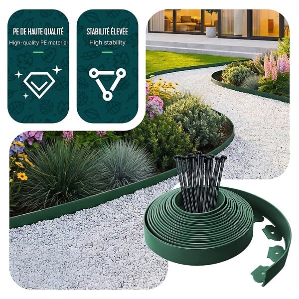 VOUNOT - Bordure de jardin plastique flexible 10m avec piquets vert - large