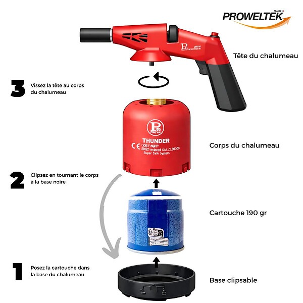 PROWELTEK - Lampe à souder à gaz 1760W + 4 Cartouches gaz Utilisation à 360°- Chalumeau à gaz Allumage électronique à batterie PROWELTEK - large