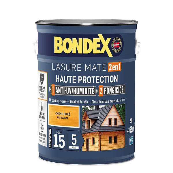 BONDEX - Lasure bois extérieur 2en1 5ans - Chêne Doré Satiné - 5L - large