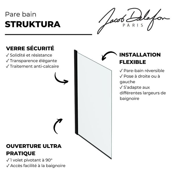 JACOB DELAFON - Pare-bain Struktura 1 volet pivotant noir mat - large