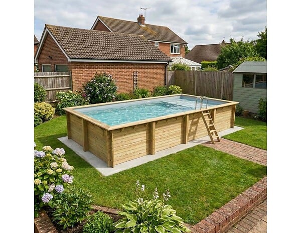 ALTANKA - Piscine hors sol en bois AQUA 8.5 x 4.35 - H.1.45 m avec plage, gris clair, fixations à sceller - BAS7309OSPI2+PLA309 - large