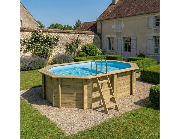 ALTANKA - Piscine hors sol en bois NEMO 4.3 x 3 - H.1.18 m avec plage, bleu pâle, fixations à visser - BAS7302OSPL+PLA302 - large