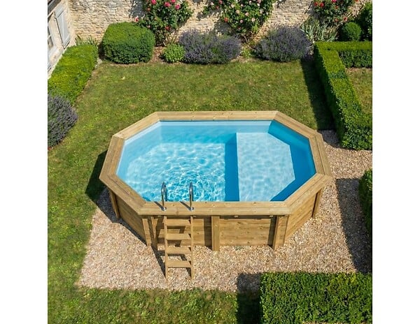 ALTANKA - Piscine hors sol en bois NEMO 4.3 x 3 - H.1.18 m avec plage, bleu pâle, fixations à visser - BAS7302OSPL+PLA302 - large