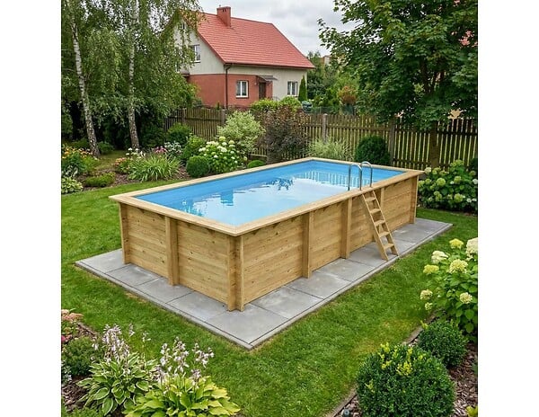 ALTANKA - Piscine hors sol en bois AQUA 7 x 3.75 - H.1.45 m avec plage, bleu pâle, fixations à sceller - BAS7308OSPI+PLA308 - large