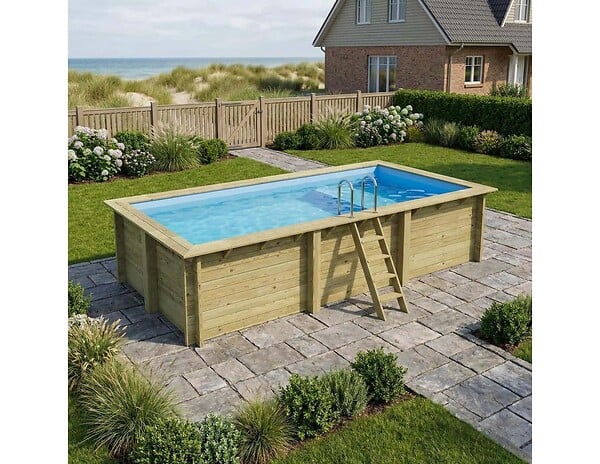 ALTANKA - Piscine hors sol en bois AQUA 6.1 x 2.85 - H.1.31 m avec plage, bleu pâle, fixations à sceller - BAS7307OSPI+PLA307 - large