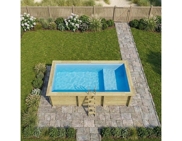 ALTANKA - Piscine hors sol en bois AQUA 6.1 x 2.85 - H.1.31 m avec plage, bleu pâle, fixations à sceller - BAS7307OSPI+PLA307 - large