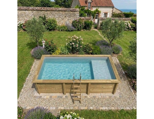 ALTANKA - Piscine hors sol en bois AQUA 6.1 x 2.85 - H.1.31 m avec plage, gris clair, fixations à visser - BAS7307OSPL2+PLA307 - large