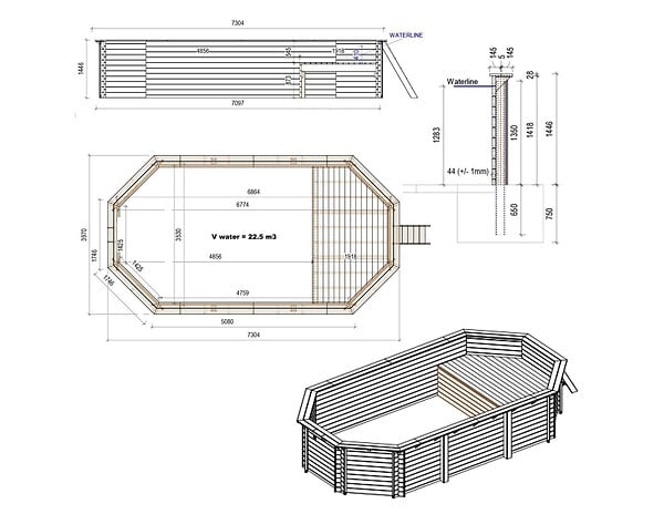 ALTANKA - Piscine hors sol en bois NEMO 7.3 x 3.97 - H.1.45 m avec plage, bleu pâle, fixations à visser - BAS7305OSPL+PLA305 - large