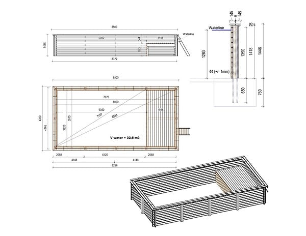 ALTANKA - Piscine hors sol en bois AQUA 8.5 x 4.35 - H.1.45 m avec plage, sable, fixations à visser - BAS7309OSPL3+PLA309 - large