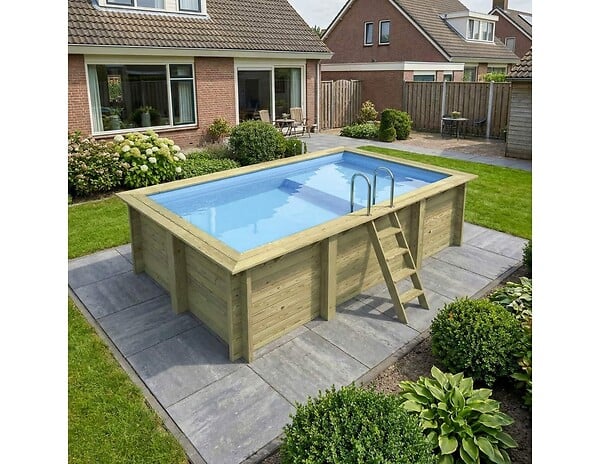 ALTANKA - Piscine hors sol en bois AQUA 4.65 x 2.85 - H.1.24 m avec plage, bleu pâle, fixations à sceller - BAS7306OSPI+PLA306 - large