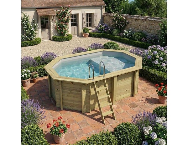 ALTANKA - Piscine hors sol en bois NEMO 4.3 x 3 - H.1.31 m avec plage, gris clair, fixations à visser - BAS7303OSPL2+PLA303 - large
