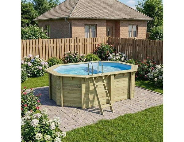 ALTANKA - Piscine hors sol en bois NEMO 4.3 x 3 - H.1.31 m avec plage, bleu pâle, fixations à visser - BAS7303OSPL+PLA303 - large