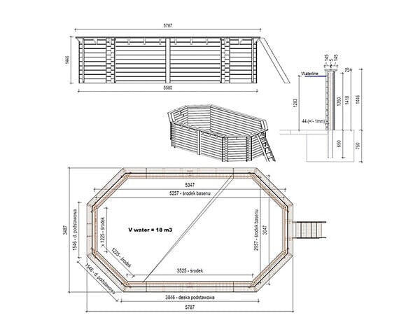 ALTANKA - Piscine hors sol en bois NEMO 5.79 x 3.49 - H.1.45 m, gris clair, cadre en métal - sans dalle - BAS7304OSPU2 - large
