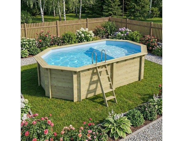 ALTANKA - Piscine hors sol en bois NEMO 5.79 x 3.49 - H.1.45 m avec plage, bleu pâle, fixations à visser - BAS7304OSPL+PLA304 - large