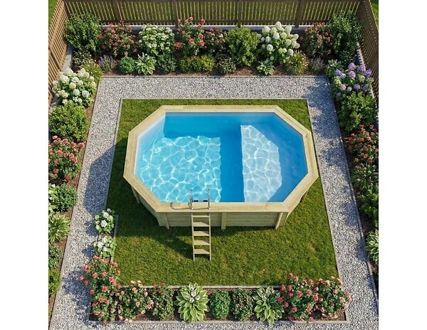 ALTANKA - Piscine hors sol en bois NEMO 5.79 x 3.49 - H.1.45 m avec plage, bleu pâle, fixations à visser - BAS7304OSPL+PLA304 - large