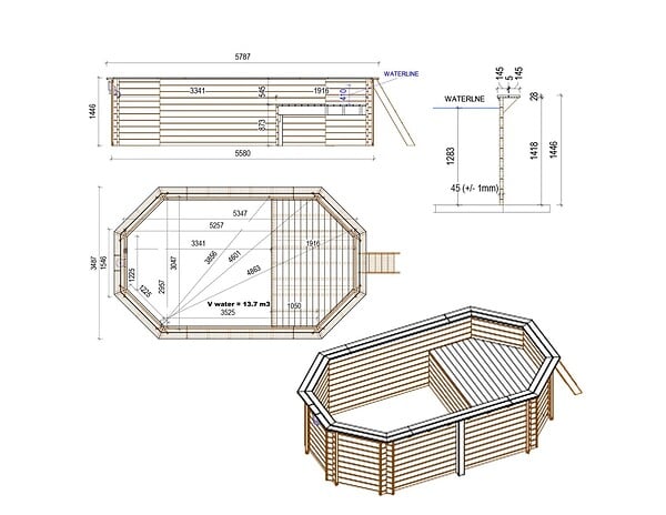 ALTANKA - Piscine hors sol en bois NEMO 5.79 x 3.49 - H.1.45 m avec plage, bleu pâle, fixations à visser - BAS7304OSPL+PLA304 - large