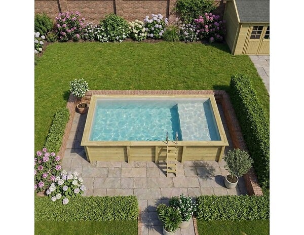 ALTANKA - Piscine hors sol en bois AQUA 7 x 3.75 - H.1.45 m avec plage, gris clair, cadre en métal - sans dalle - BAS7308OSPU2+PLA308 - large