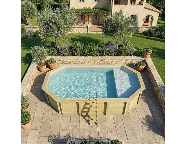 ALTANKA - Piscine hors sol en bois NEMO 7.3 x 3.97 - H.1.45 m avec plage, gris clair, fixations à visser - BAS7305OSPL2+PLA305 - large