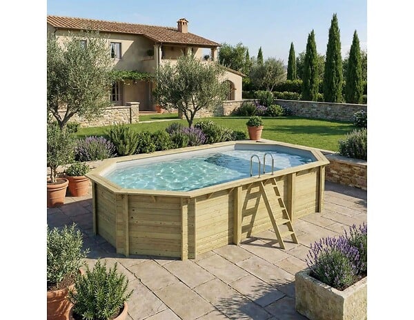 ALTANKA - Piscine hors sol en bois NEMO 7.3 x 3.97 - H.1.45 m avec plage, gris clair, fixations à visser - BAS7305OSPL2+PLA305 - large