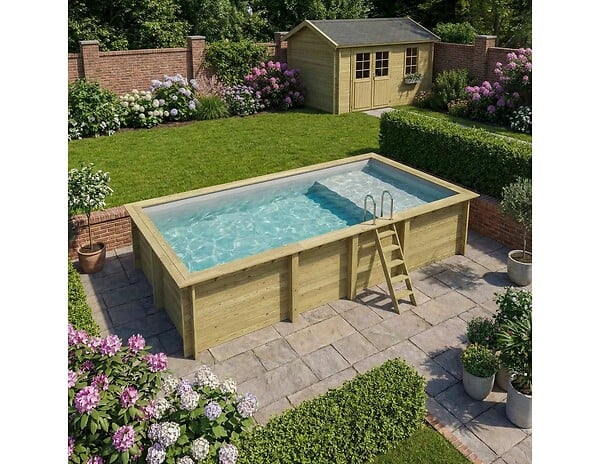ALTANKA - Piscine hors sol en bois AQUA 7 x 3.75 - H.1.45 m avec plage, gris clair, fixations à visser - BAS7308OSPL2+PLA308 - large