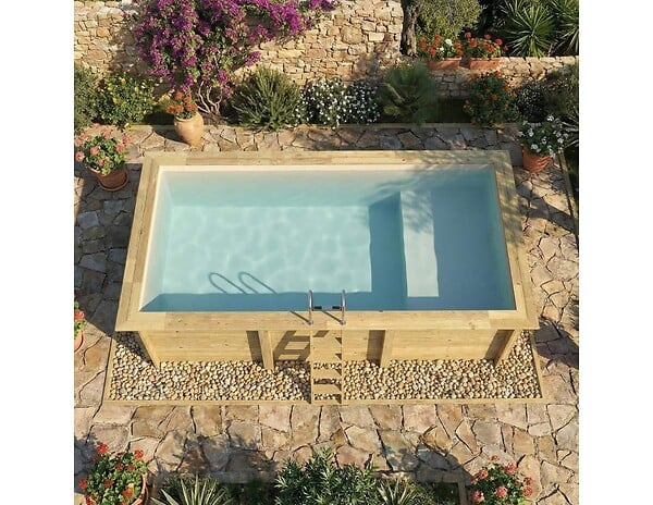 ALTANKA - Piscine hors sol en bois AQUA 6.1 x 2.85 - H.1.31 m avec plage, sable, fixations à sceller - BAS7307OSPI3+PLA307 - large