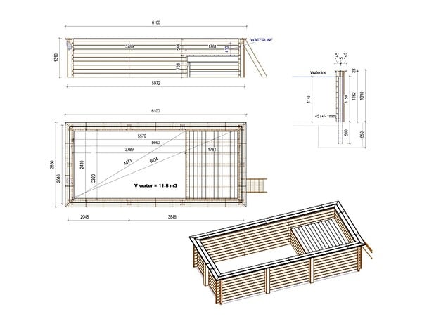 ALTANKA - Piscine hors sol en bois AQUA 6.1 x 2.85 - H.1.31 m avec plage, sable, cadre en métal - sans dalle - BAS7307OSPU3+PLA307 - large