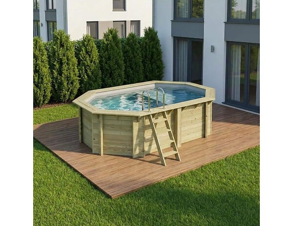 ALTANKA - Piscine hors sol en bois NEMO 4.3 x 3 - H.1.18 m avec plage, gris clair, fixations à visser - BAS7302OSPL2+PLA302 - large
